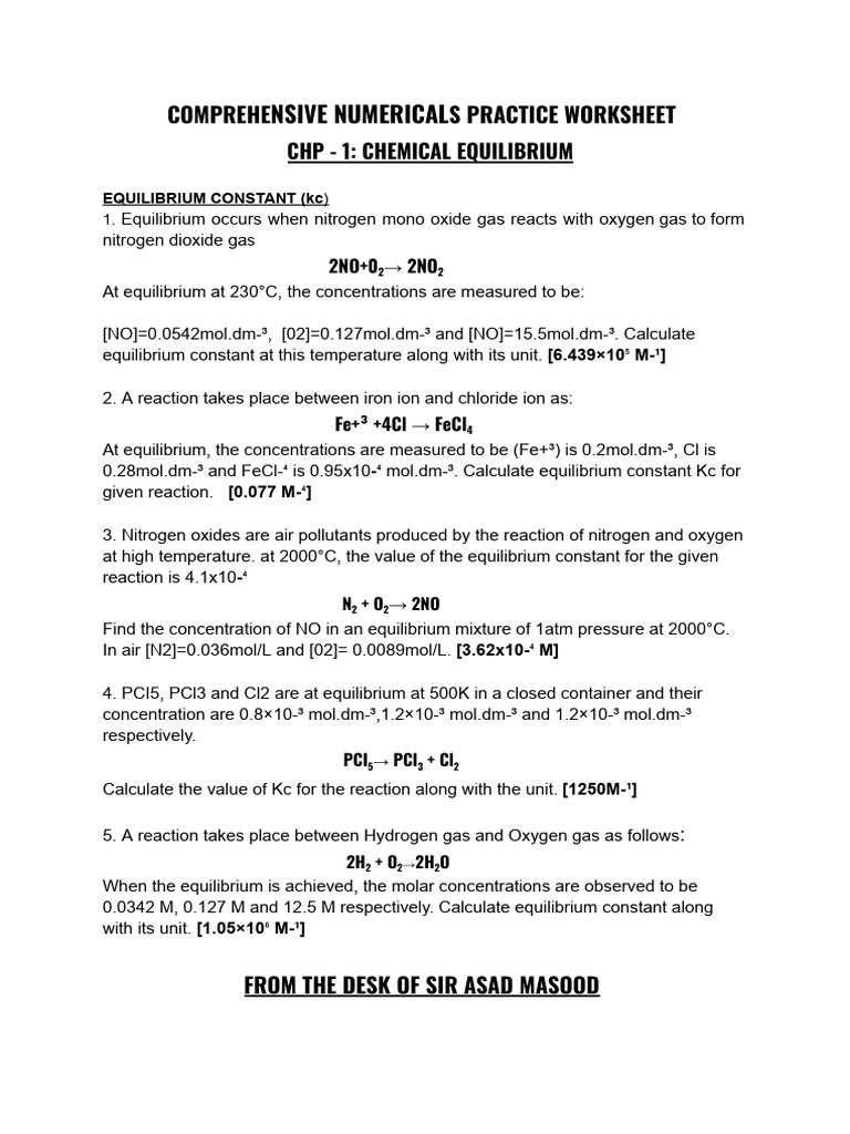 Comprehensive Numericals Practice Worksheet | PDF | Ph | Chemical ...