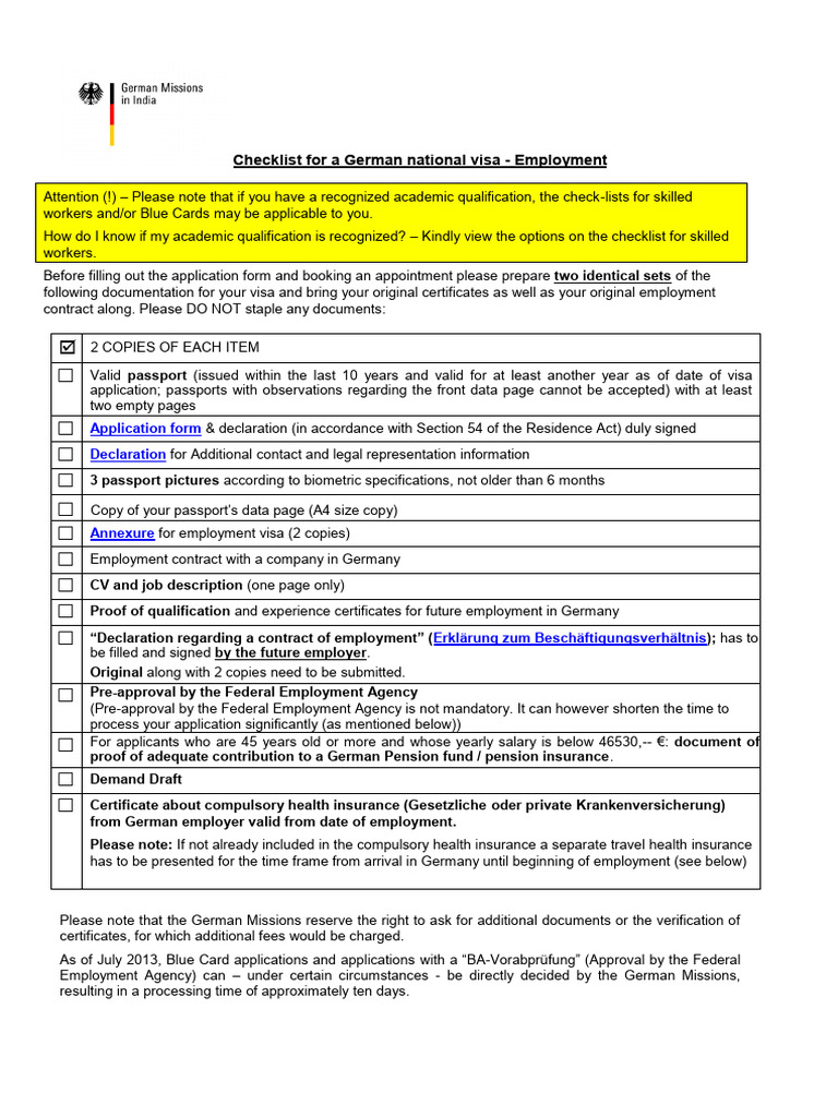 German Employment Visa Checklist | PDF | Travel Visa | Passport