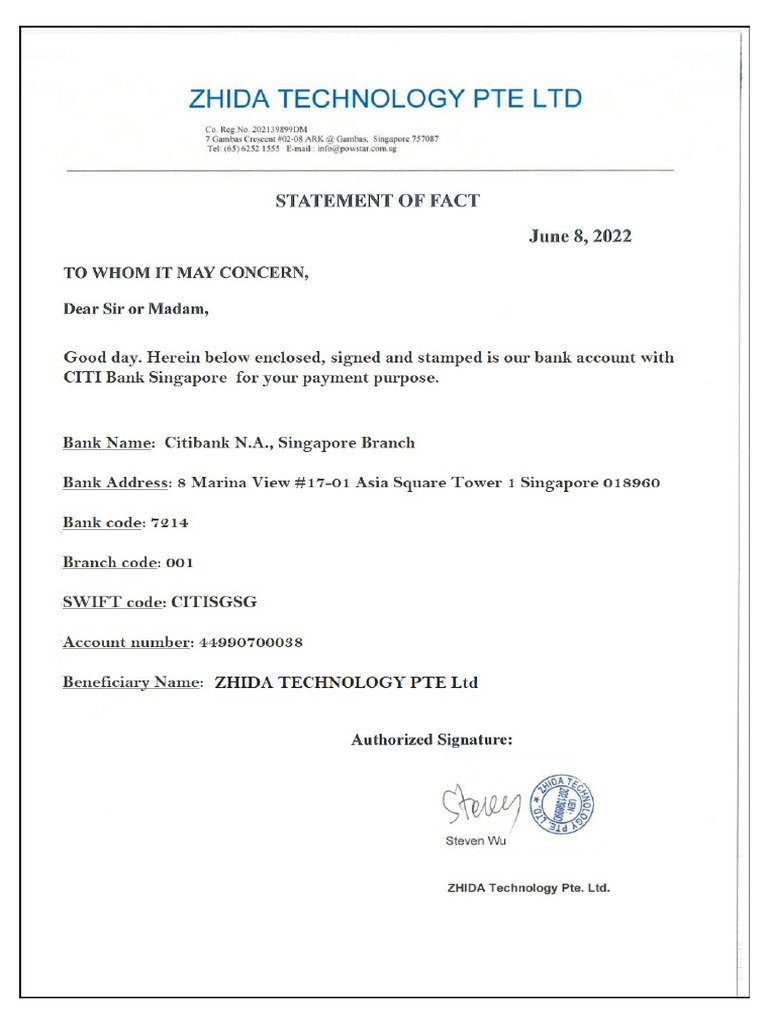 ZHIDA Technology Banking Details | PDF