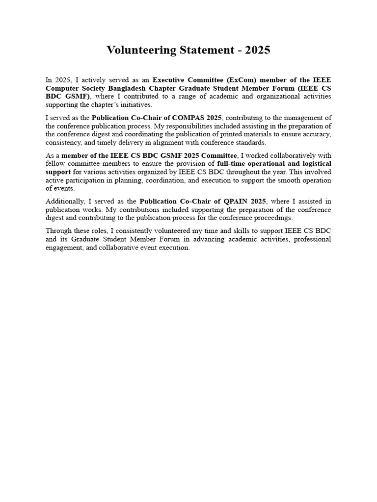Volunteering Statement - MD Shakib | PDF