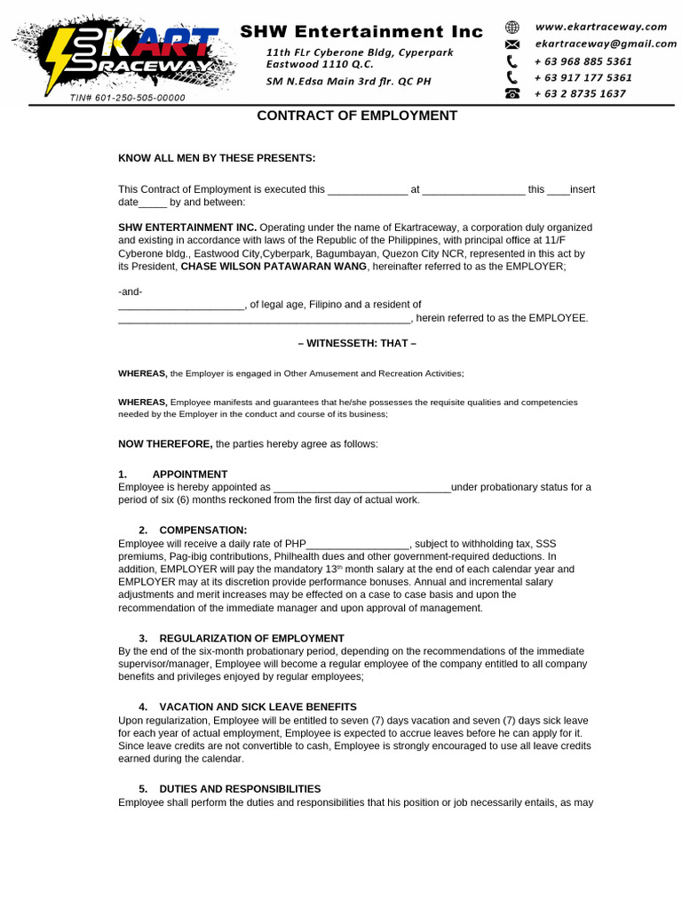Employment Contract for SHW Entertainment | PDF | Employment | Overtime