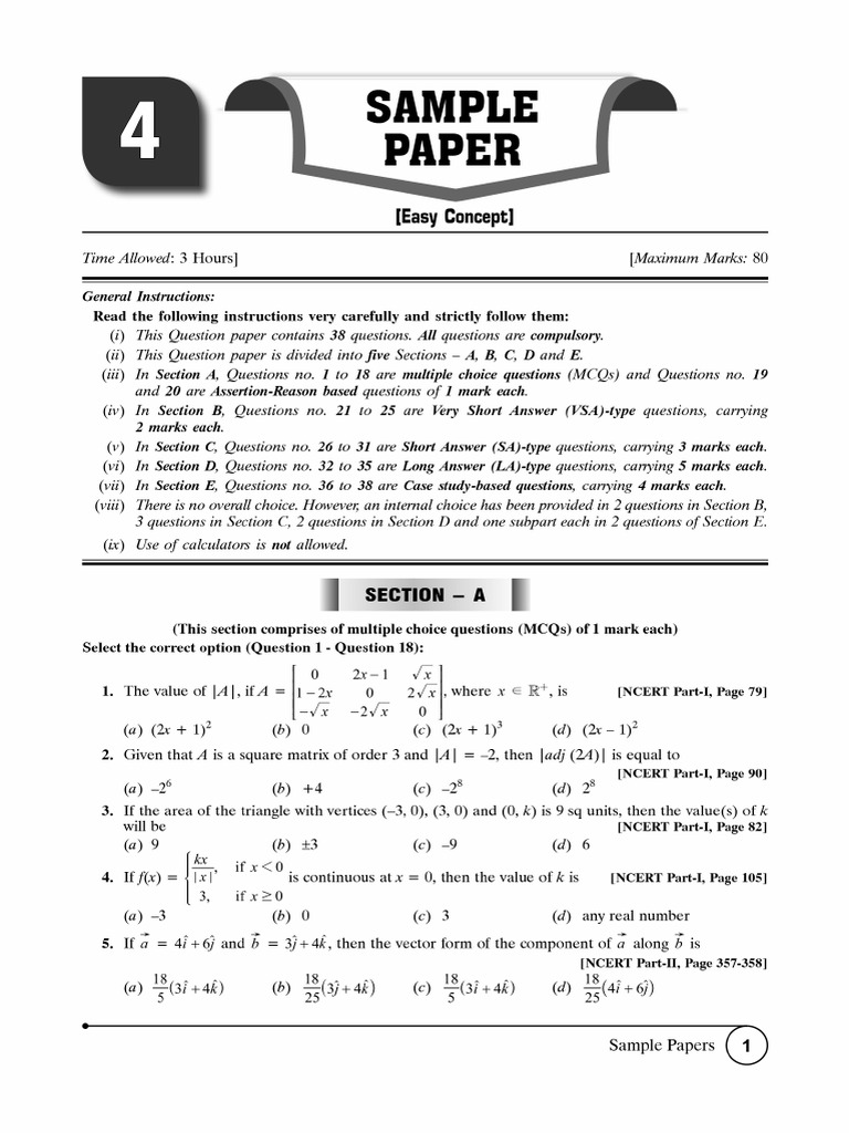 Cbse Cl12 Ead Mathematics 2026 Edition Easy Paper 4 | PDF