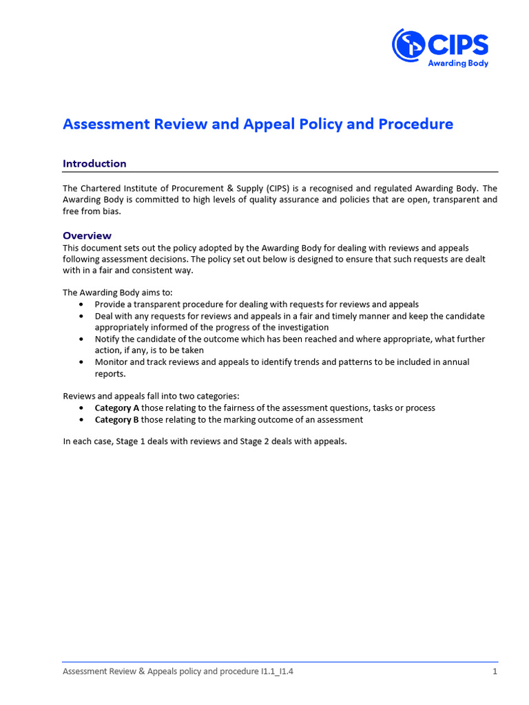 CIPS Assessment Review & Appeal Policy | PDF | Procurement | Policy