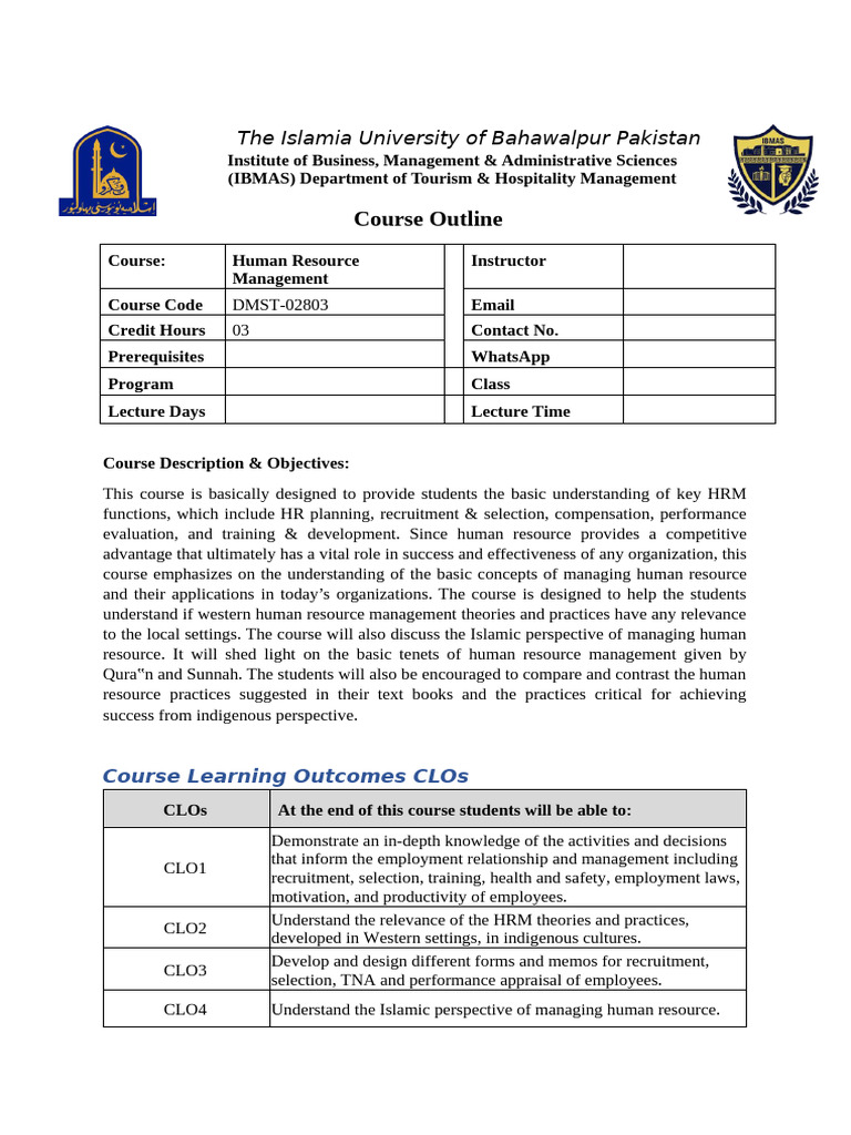 Human Resource Management Course Outline | PDF | Human Resource ...