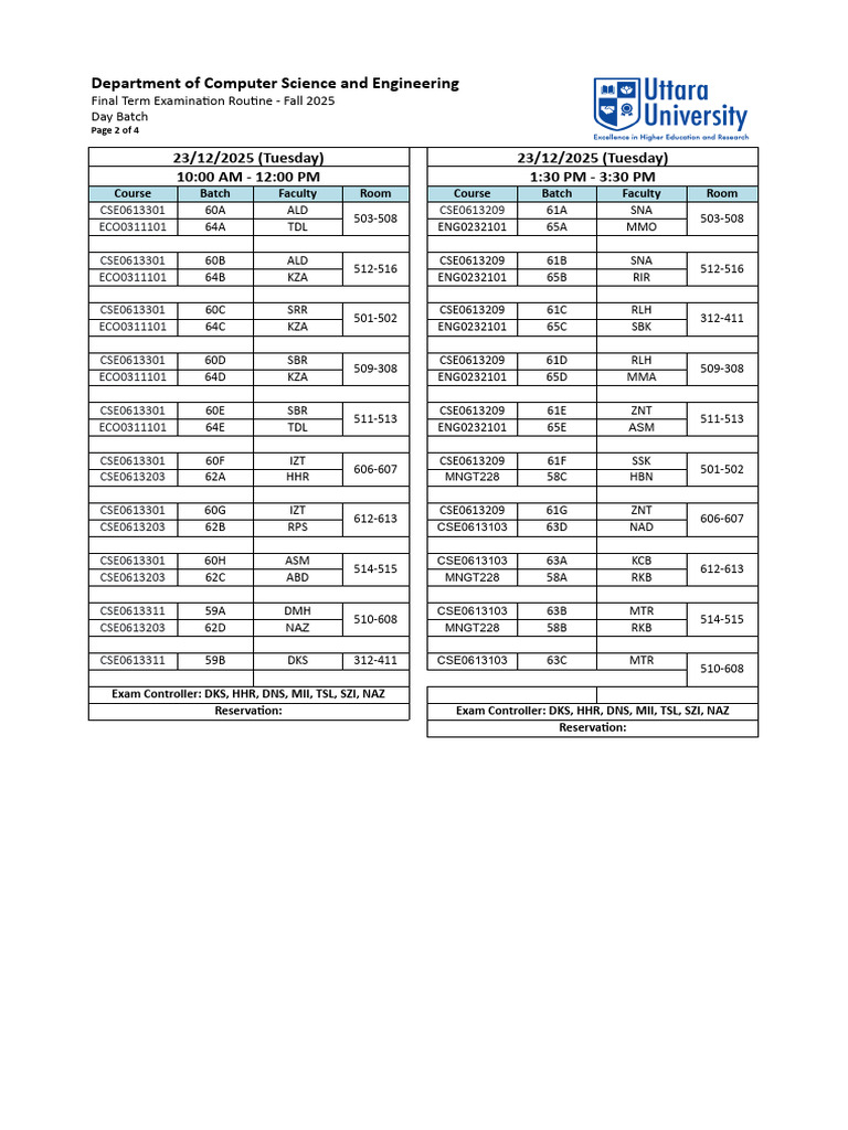 CSE Final Exam Schedule Fall 2025 | PDF