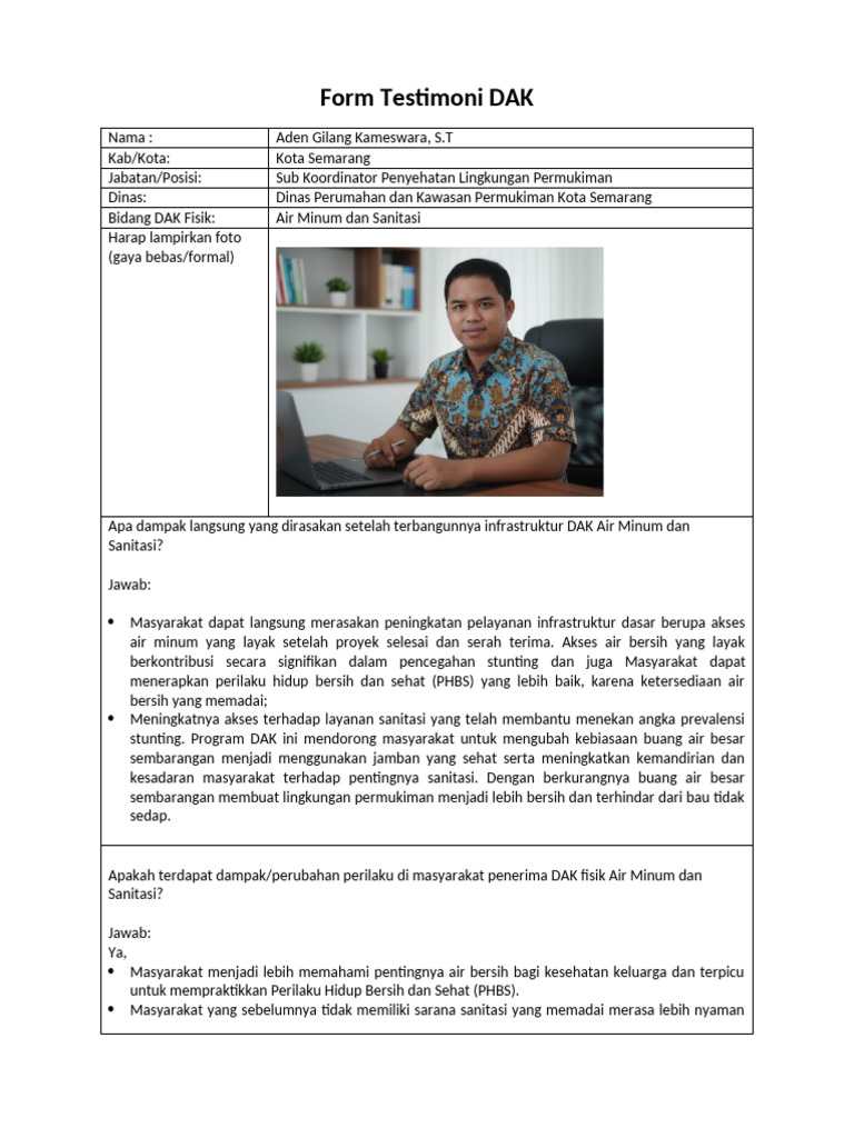 Form Testimoni DAK Kota Semarang Bidang AM Dan Sanitasi - Pemda | PDF