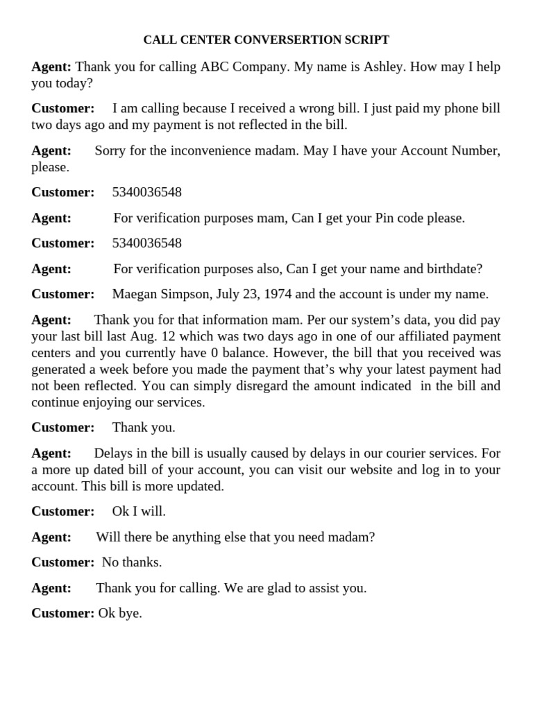 Call Center Conversation Script Example | PDF