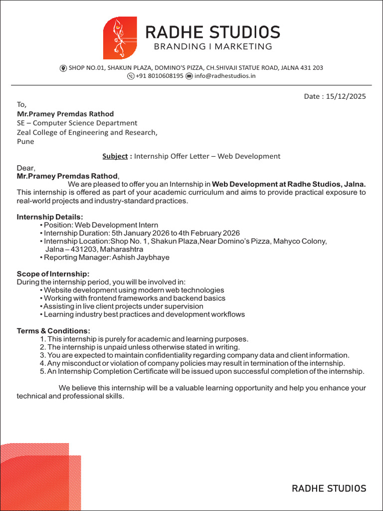 Internship Offer: Web Development Role | PDF