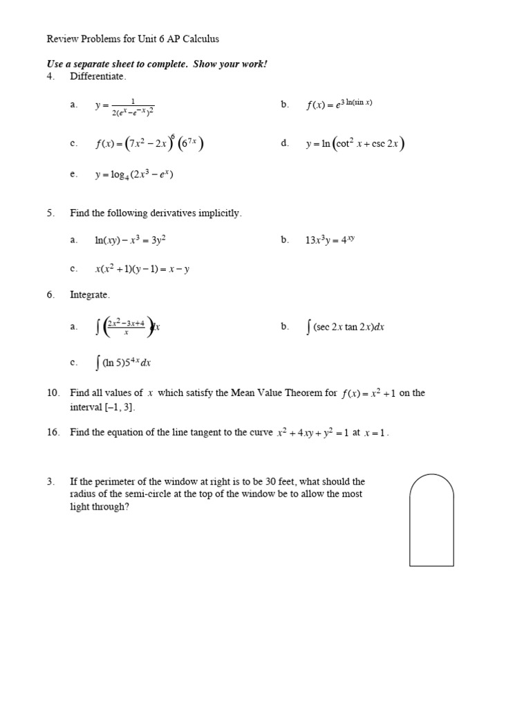 AP Calculus Unit 6 Review Problems | PDF | Derivative | Function ...