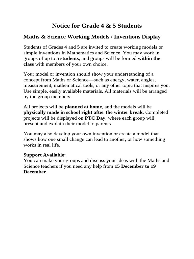 Grade 4 & 5 Maths/Science Model Project | PDF