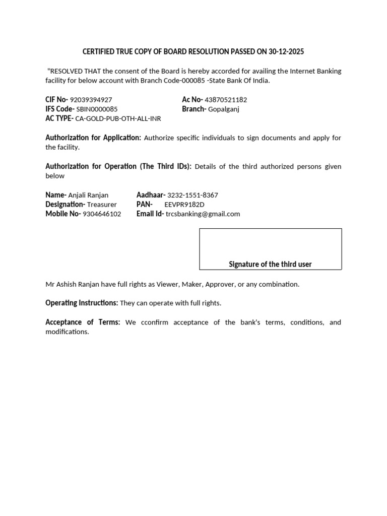 Certified True Copy of Board Resolution Passed on 30 | PDF