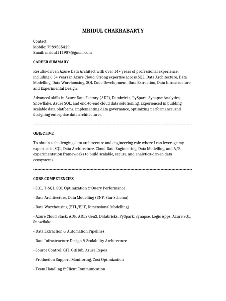 Azure Data Architect Resume Summary | PDF | Microsoft Azure | Data ...