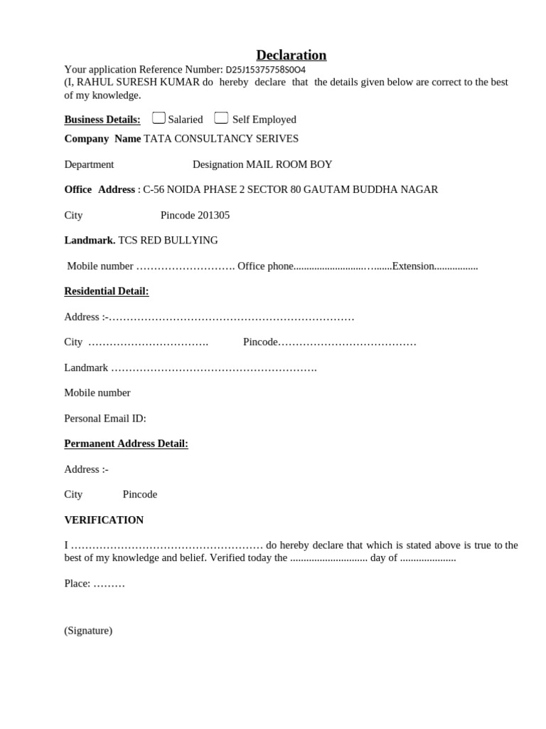 Employment Declaration for TCS Employee | PDF