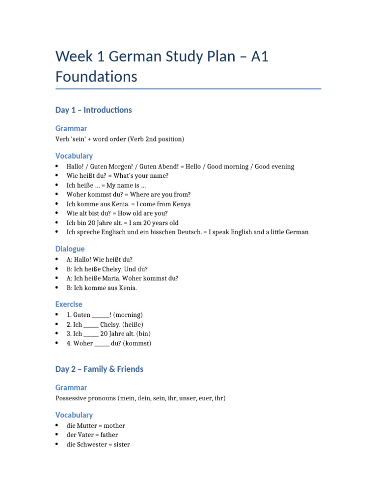 Week1 German Study Plan | PDF