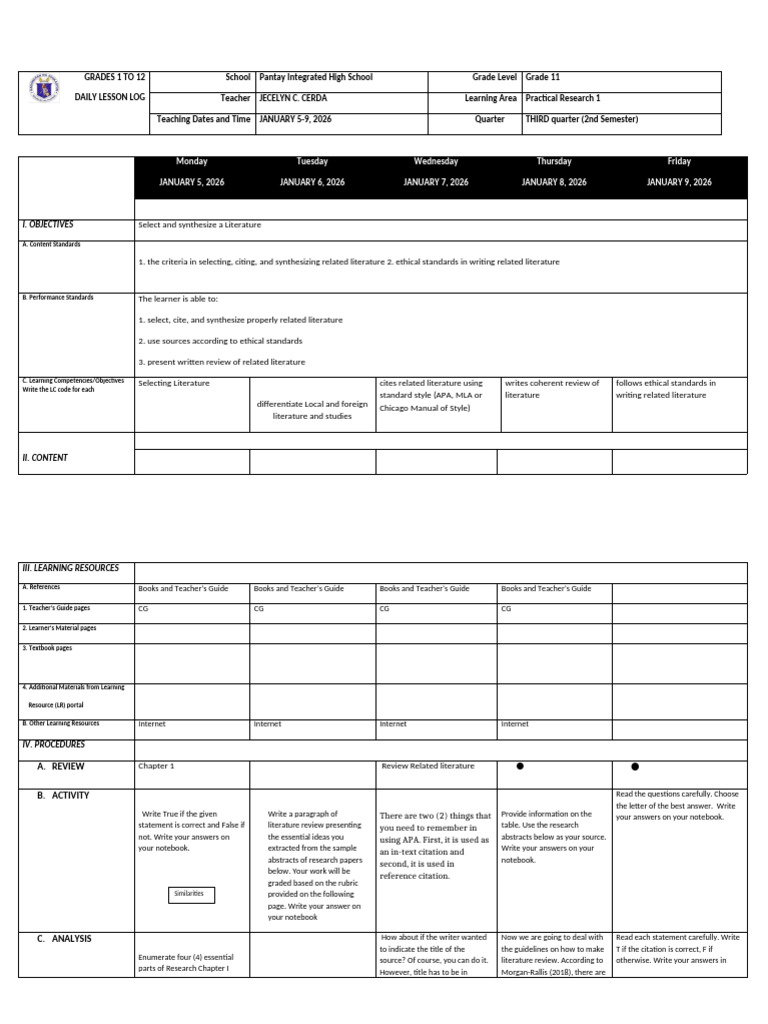 Grade 11 Practical Research Lesson Plan | PDF | Apa Style | Citation