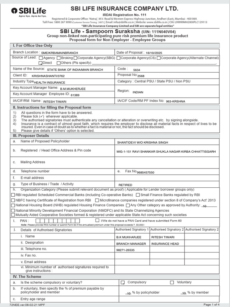 SBI Life Sampoorn Suraksha Proposal Form | PDF | Insurance | Business
