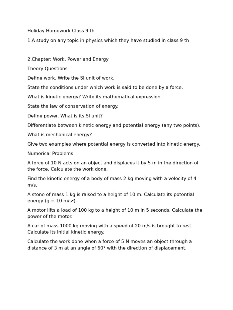 Class 9 Holiday Homework: Physics Concepts | PDF
