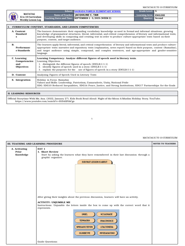 DLL Matatag - English 5 q2 w2 | PDF | Curriculum | Metaphor