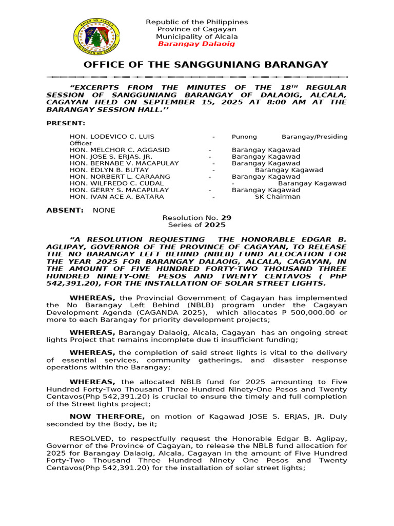 Barangay Dalaoig Resolution for NBLB Fund | PDF | Philippines