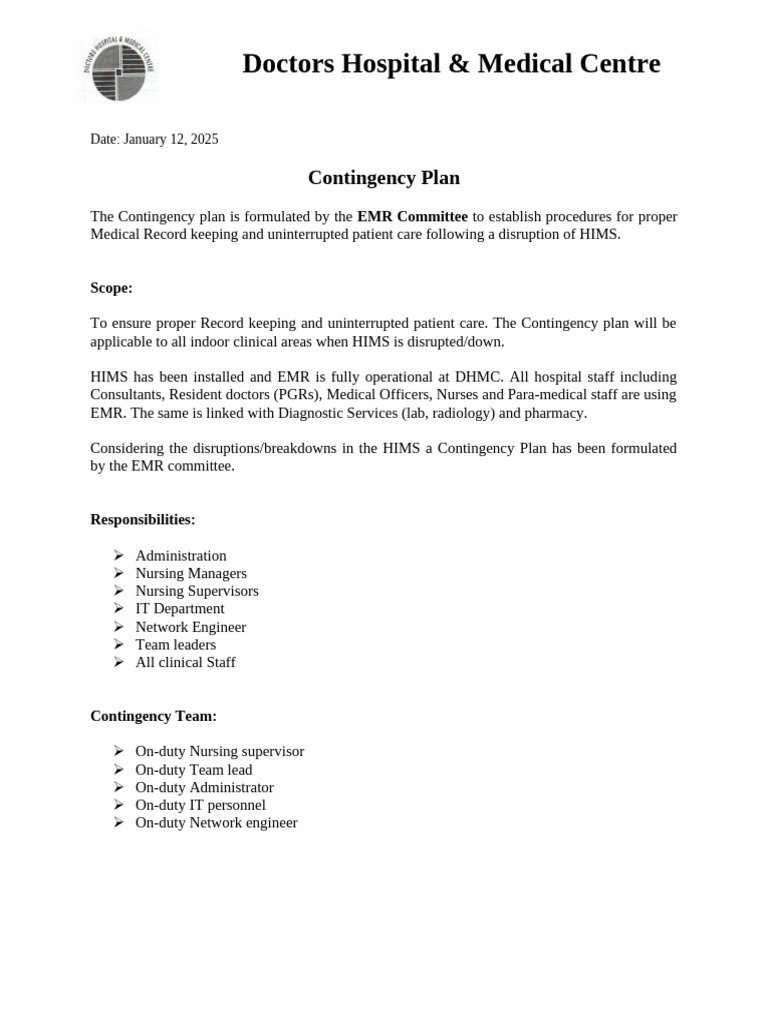 Doctors Hospital Contingency Plan for HIMS | PDF | Surgery | Anesthesia