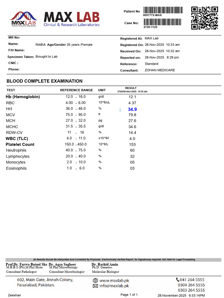 Blood Test Report for Rabia, 35 Female | PDF | White Blood Cell ...