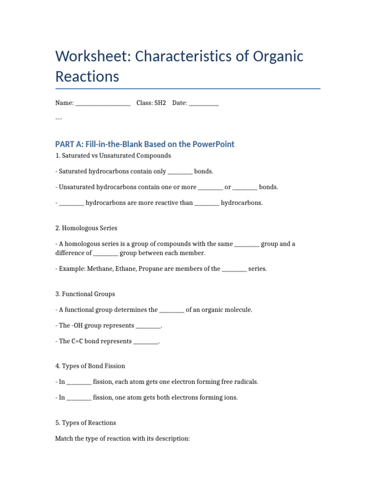 Organic Reactions Worksheet Guide | PDF