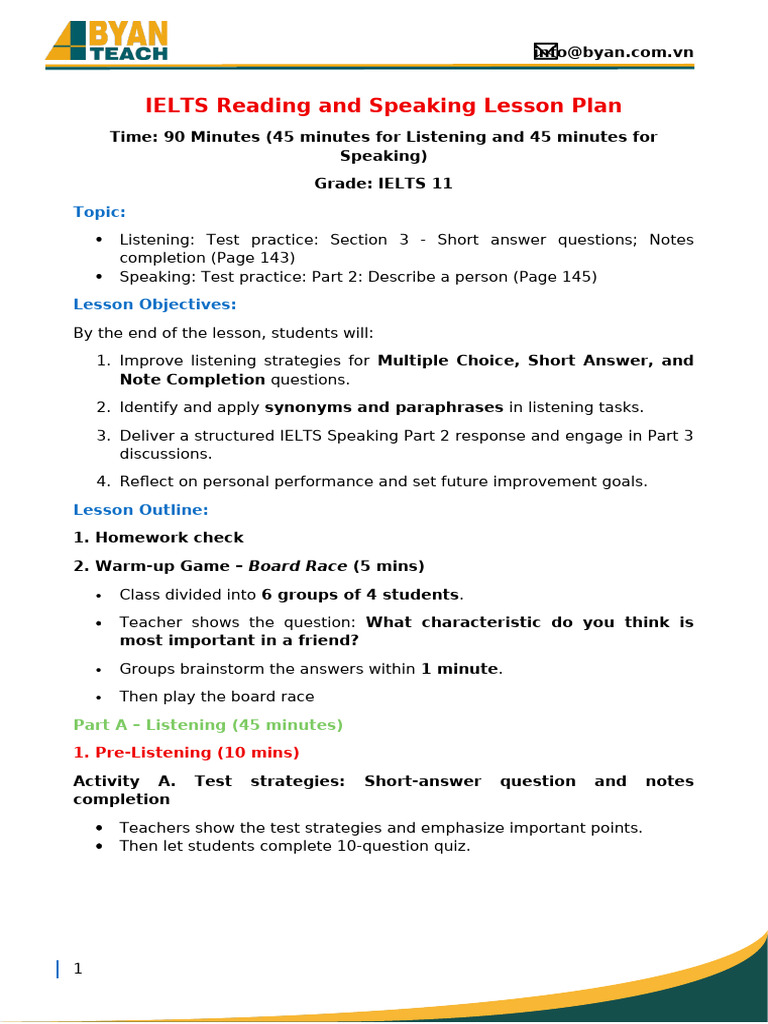IELTS Listening & Speaking Lesson Plan | PDF | Lesson Plan ...