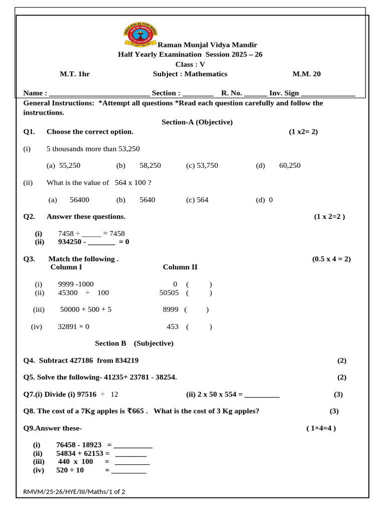 Class V Asha Half Yearly Maths Paper 25-26 | PDF