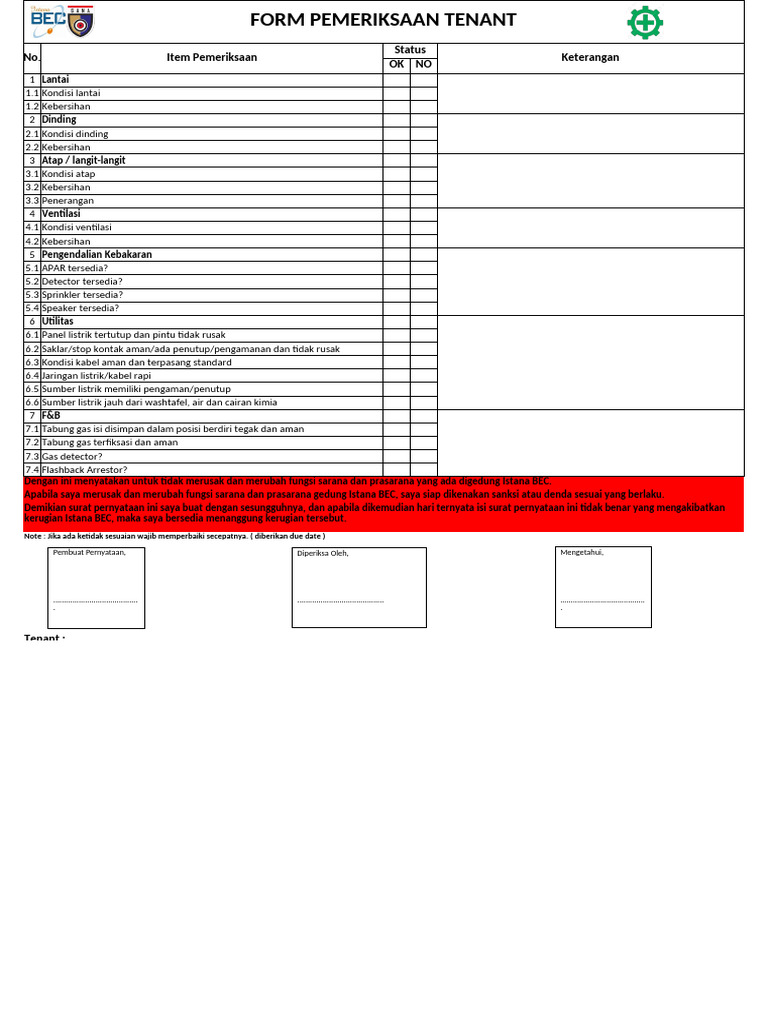 Formulir Pemeriksaan Tenant BEC | PDF