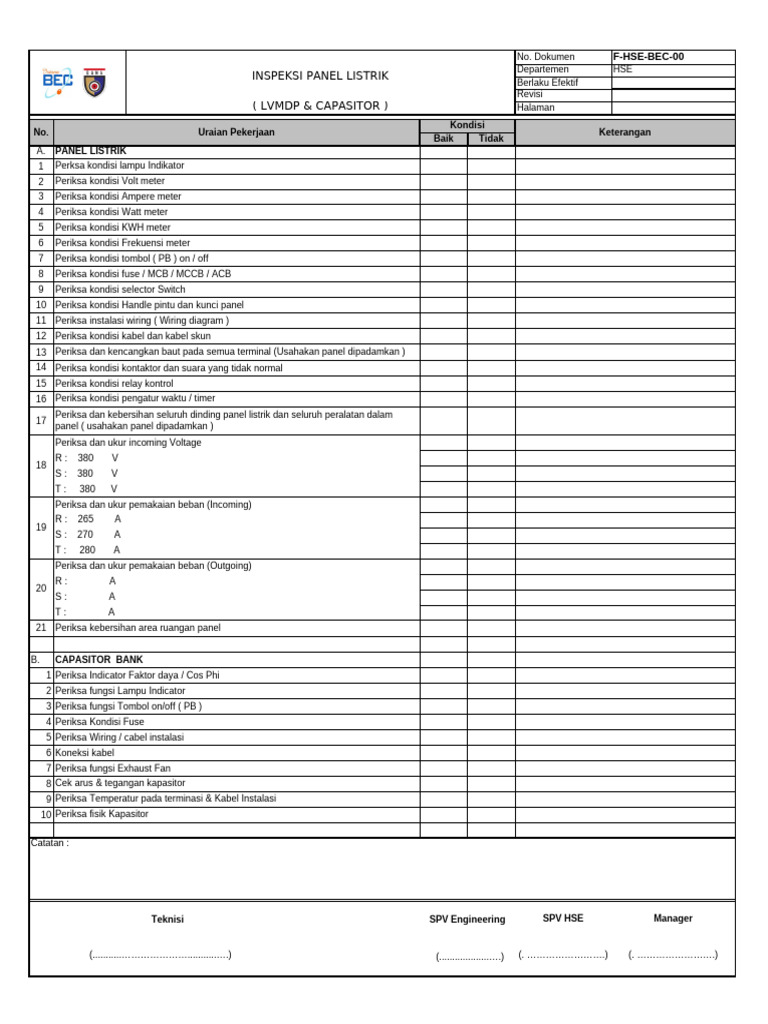HSE BEC - Form Inspeksi Panel LVMDP Dan Capasitor Bank | PDF