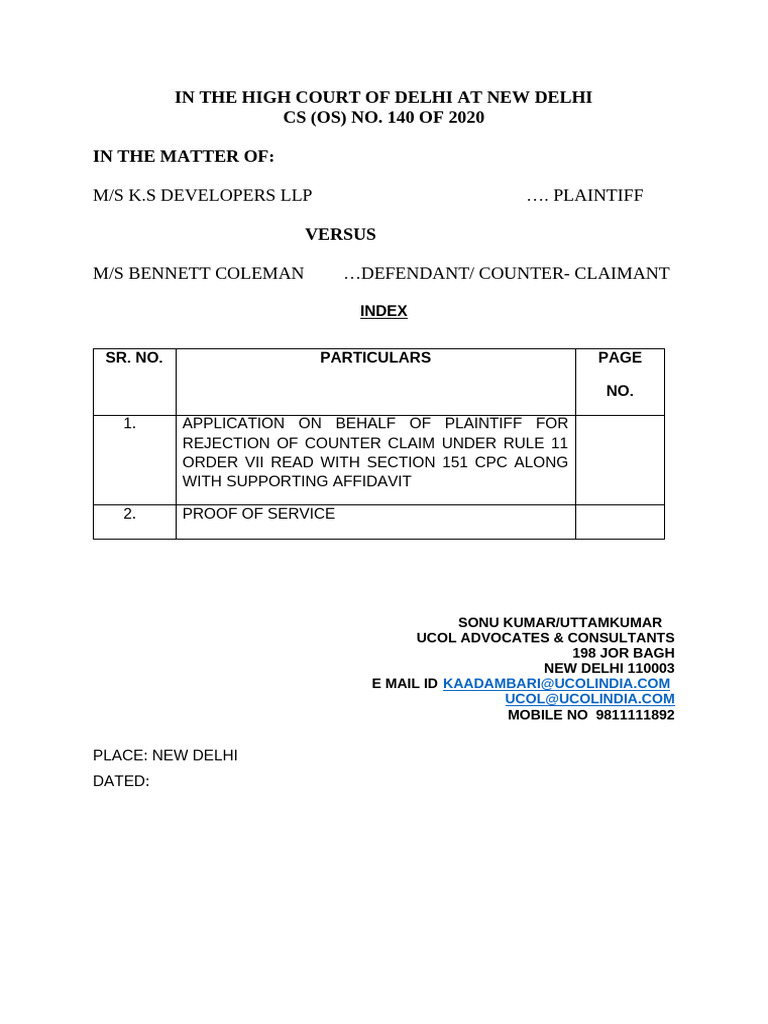 Rejection of Counter Claim in CS 140/2020 | PDF | Lawsuit | Affidavit