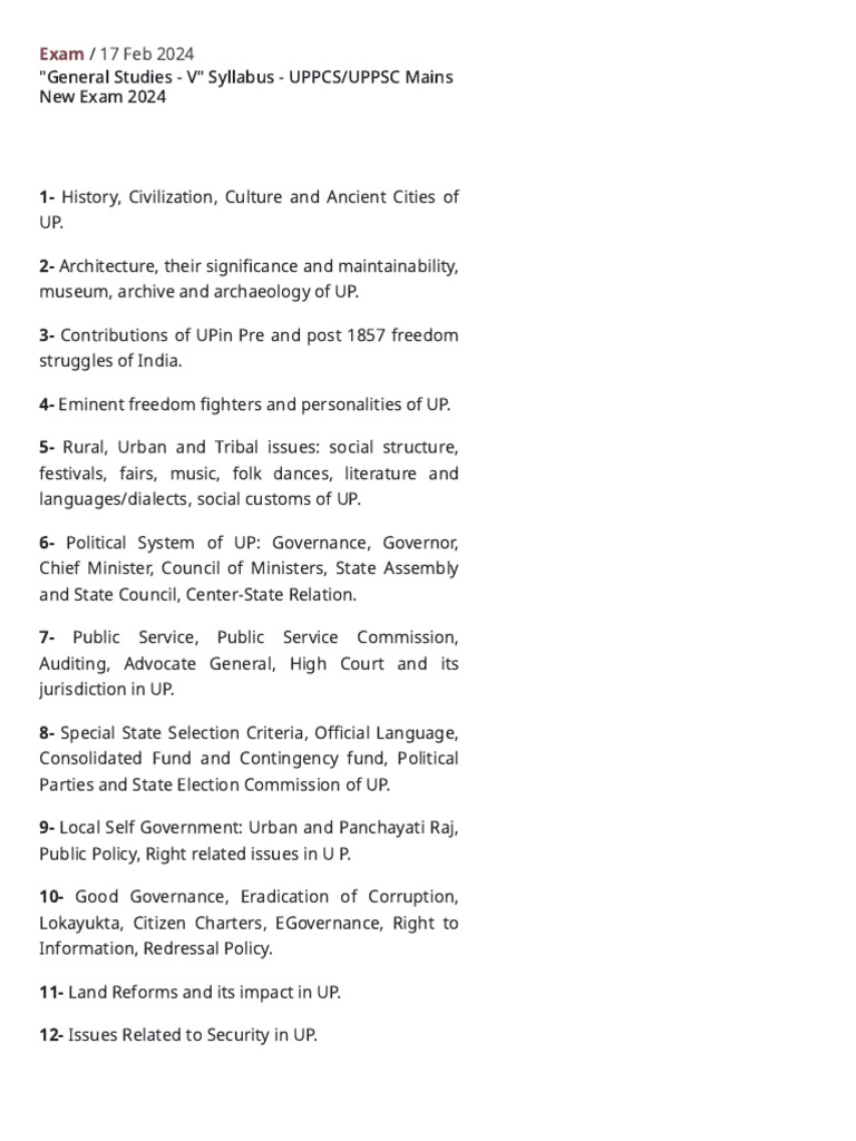 _General Studies - V_ Syllabus - UPPCS_UPPSC Mains New Exam 2024 | PDF