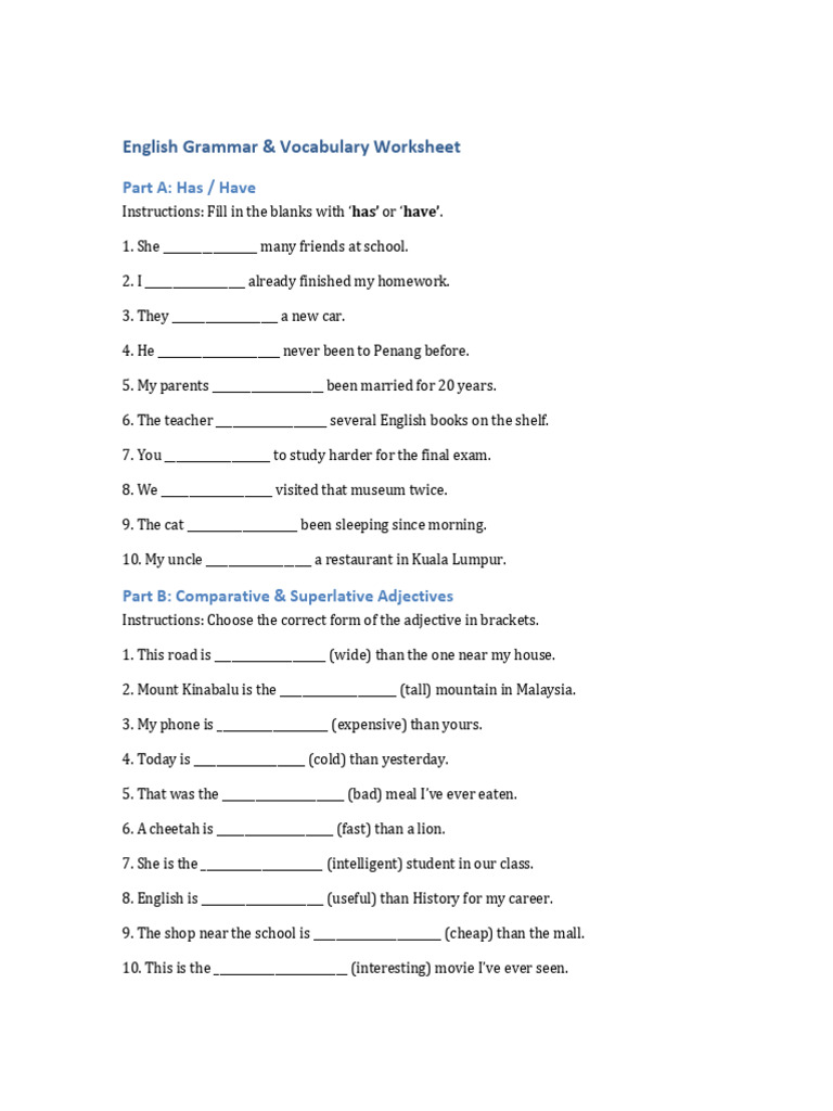 English Grammar & Vocabulary Exercises | PDF