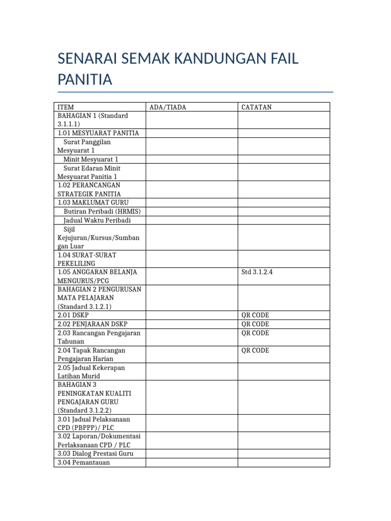 Senarai Semak Fail Panitia | PDF