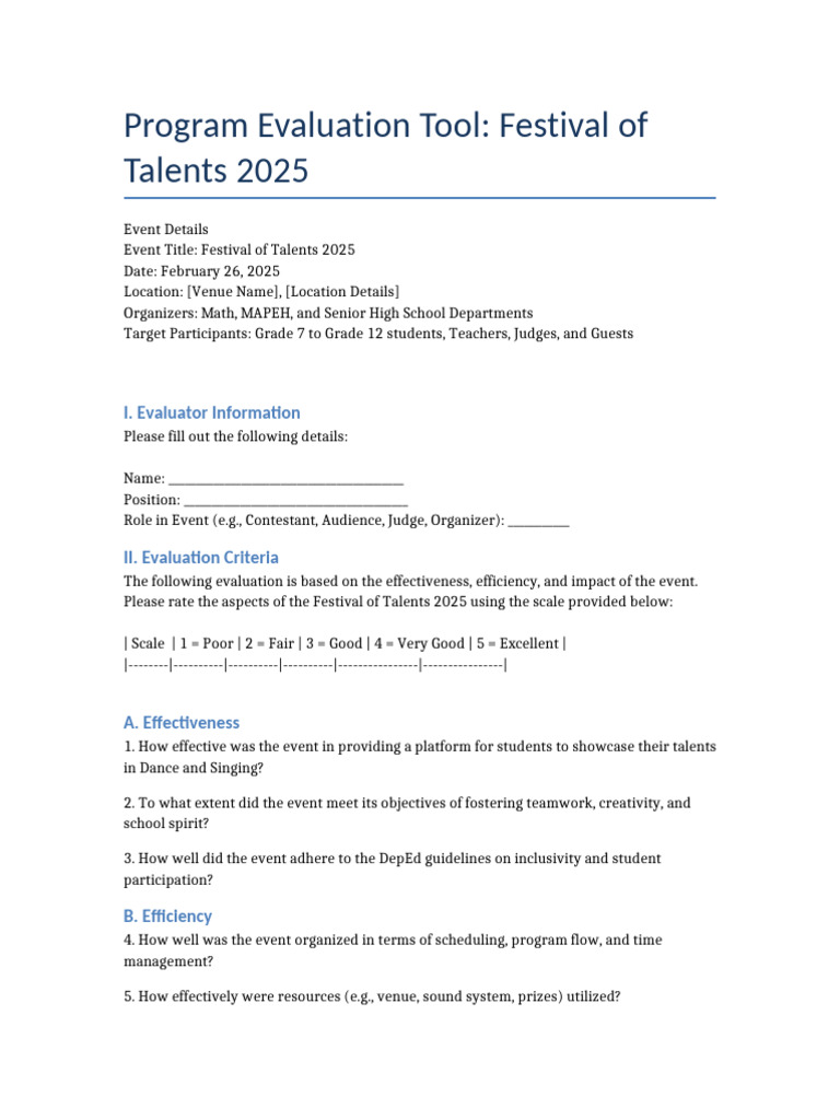 Festival of Talents 2025 Evaluation Tool | PDF | Program Evaluation