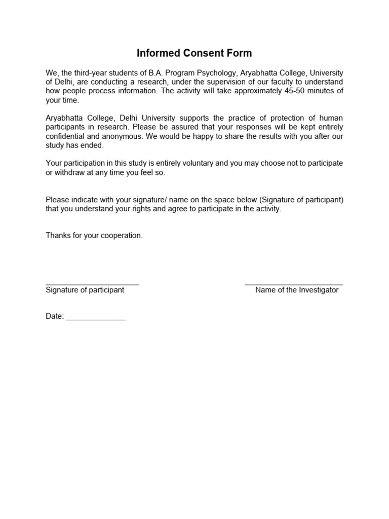Informed Consent for Psychology Research | PDF