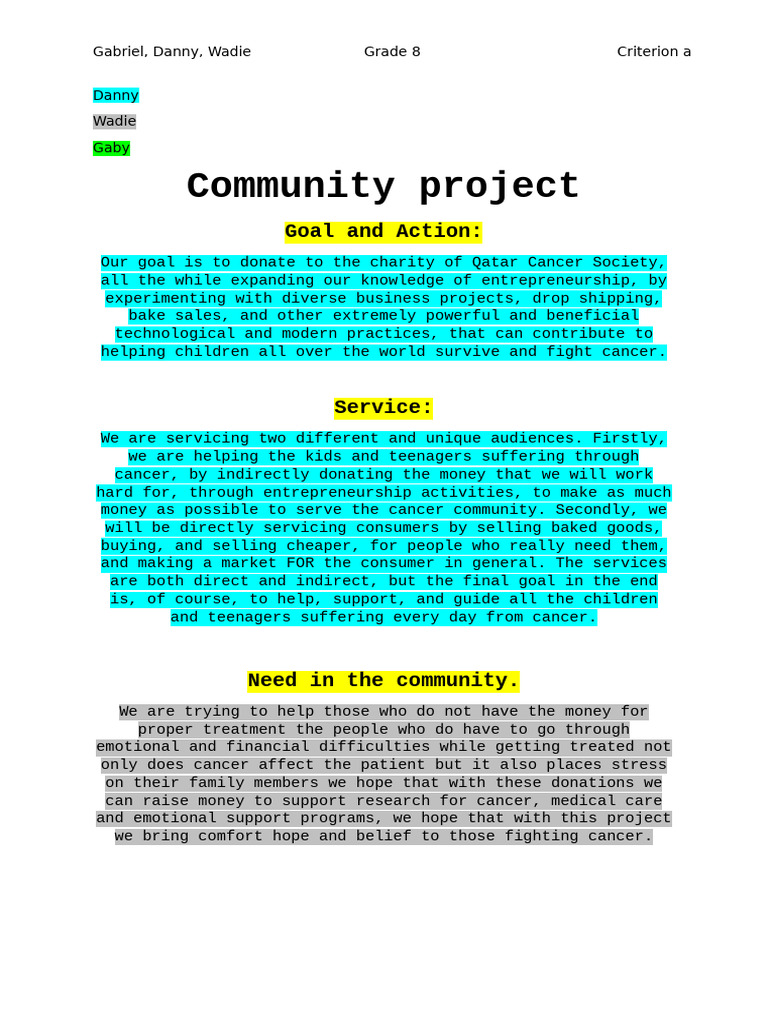 Grade 8 Community Project for Cancer Support | PDF | Entrepreneurship ...