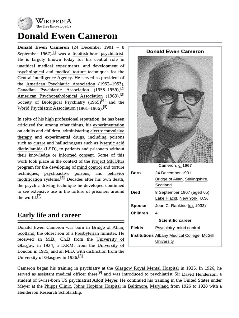 Donald Ewen Cameron | PDF | Mental Health | Behavioural Sciences