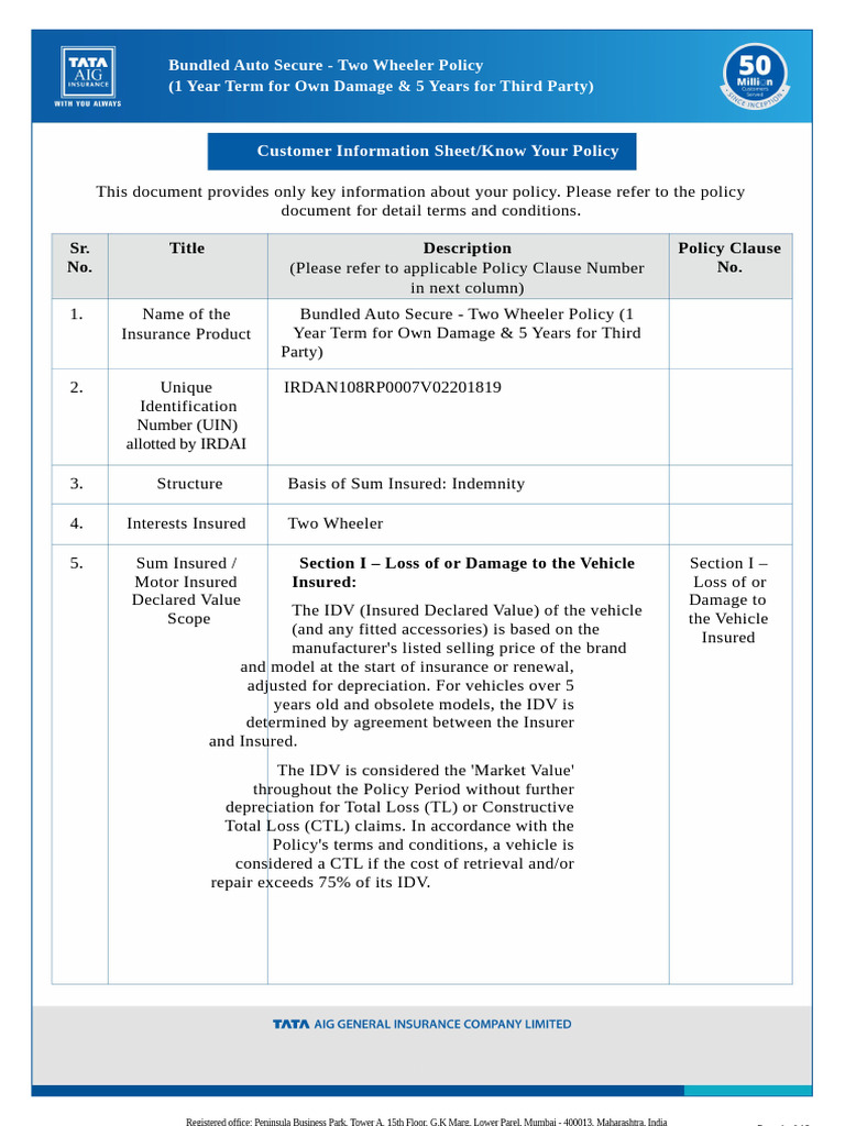 Two Wheeler Insurance Policy Overview | PDF | Insurance