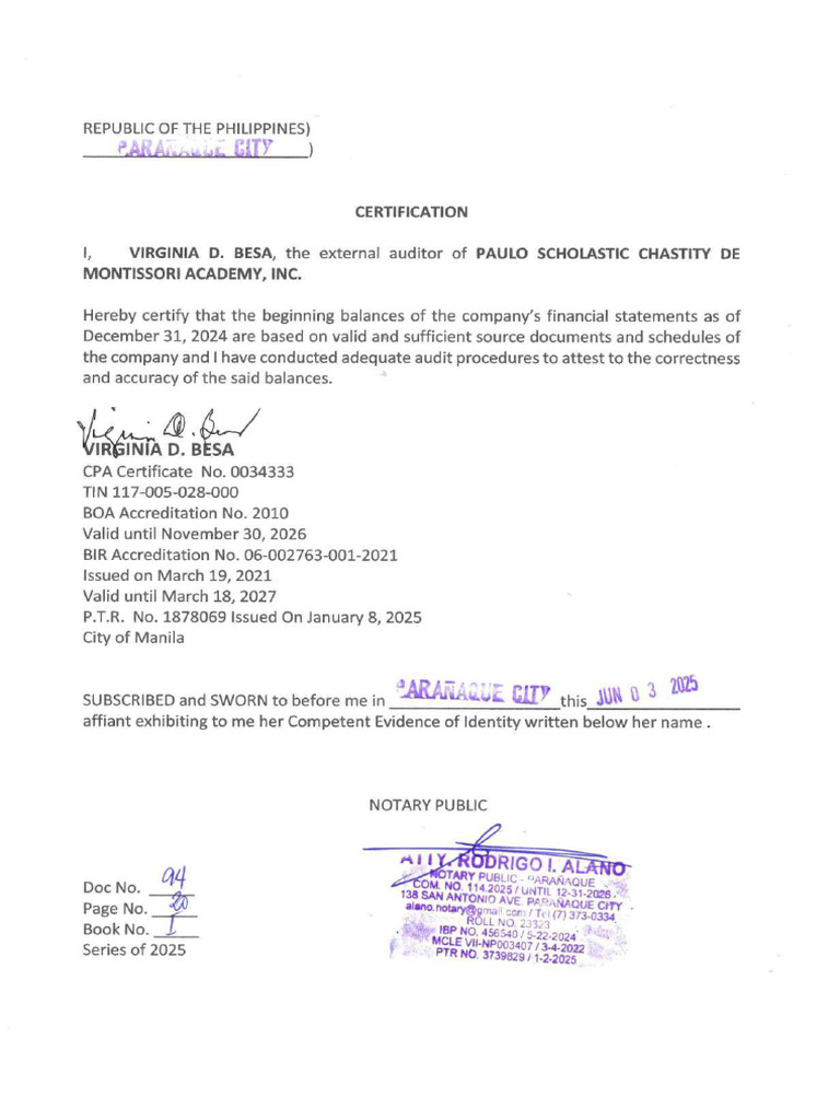 Annex C - Certification From The External Auditor | PDF