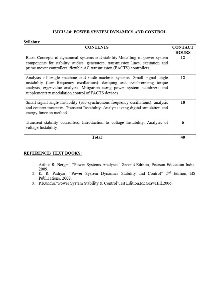 Power System Dynamics and Control Syllabus | PDF
