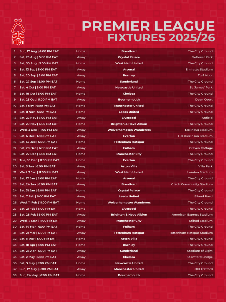 Nottingham Forest Premier League 2025 - 26 Schedule | PDF | Premier ...