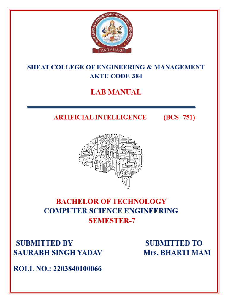 AI Lab Manual for B.Tech CSE Semester 7 | PDF