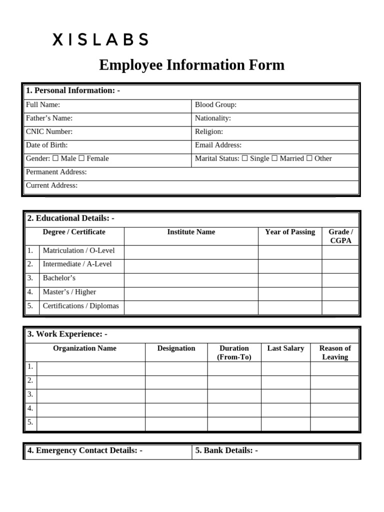 Employee Information Form Template | PDF