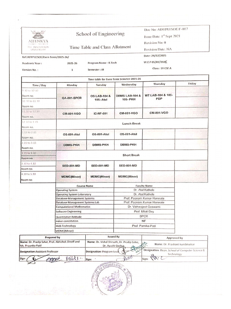 Third Year CSE, AIDS and CS Time Table | PDF