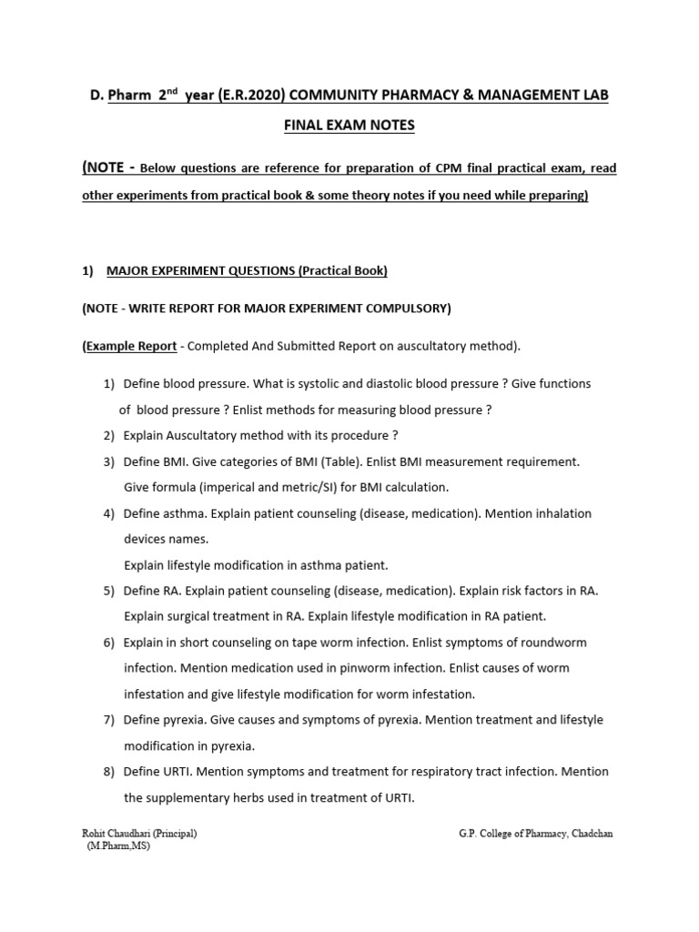 Community Pharmacy Final Exam Notes | PDF | Body Mass Index | Hypertension