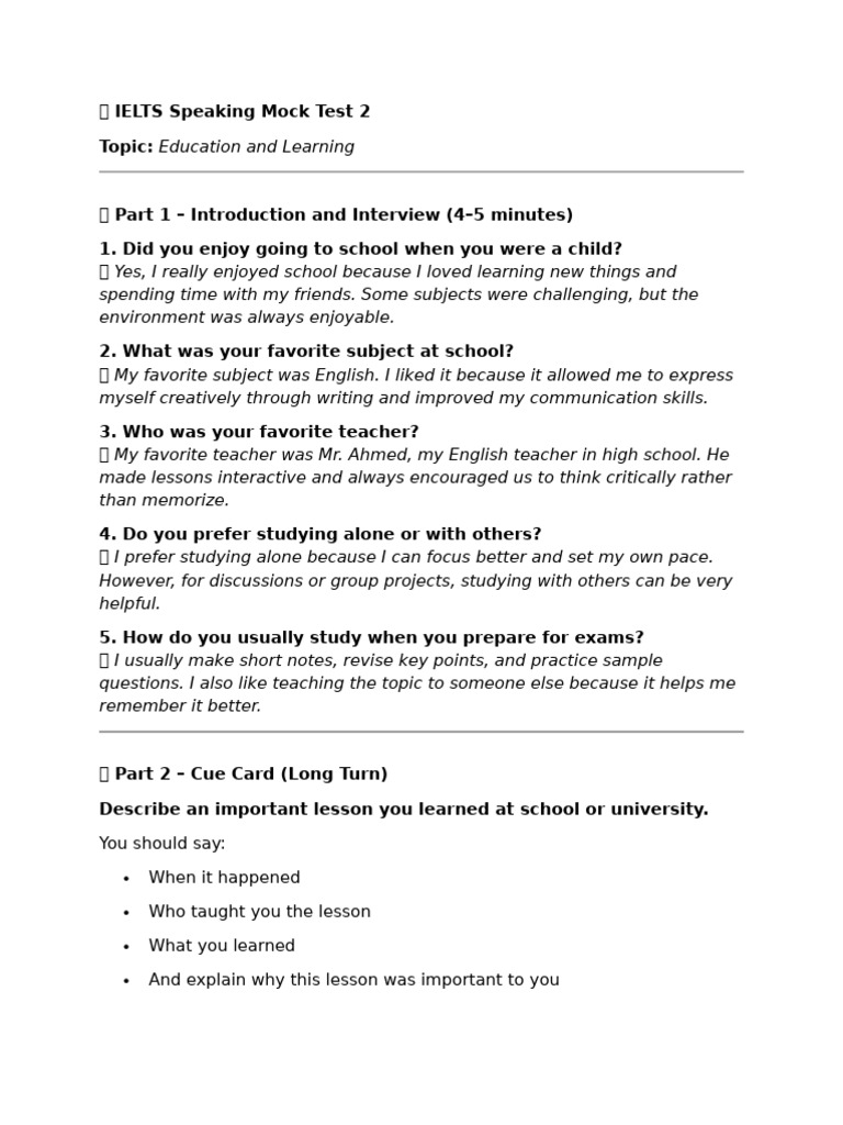 IELTS Speaking Mock Test: Education Insights | PDF | Teachers | Schools
