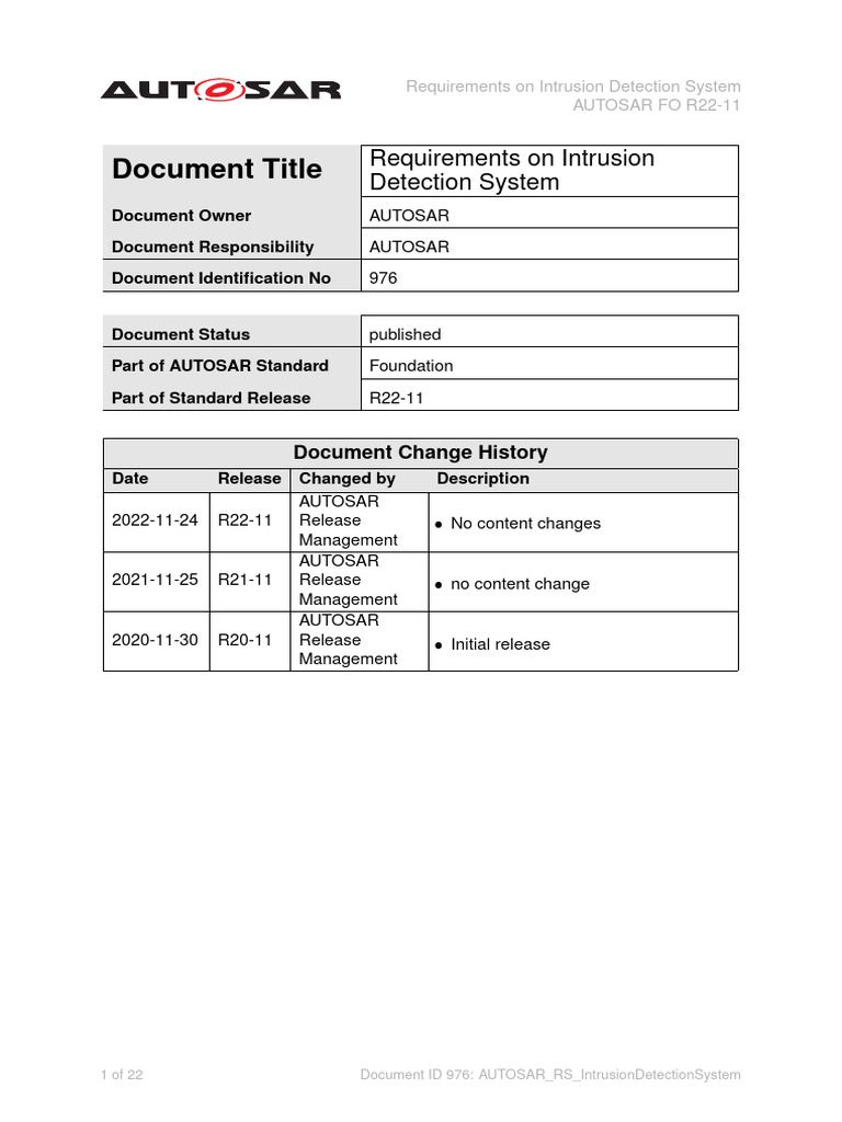 AUTOSAR R22-11 IDS Requirements Document | PDF | Computing | Computer ...
