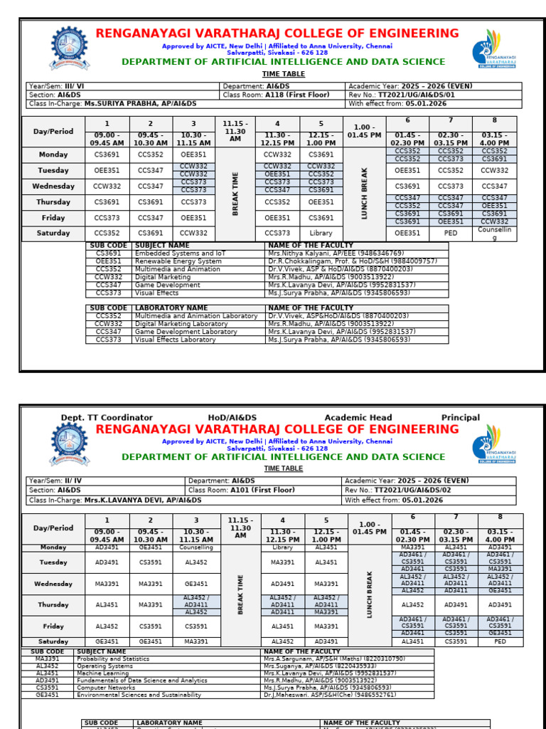 AI & Data Science Timetable 2025-26 | PDF