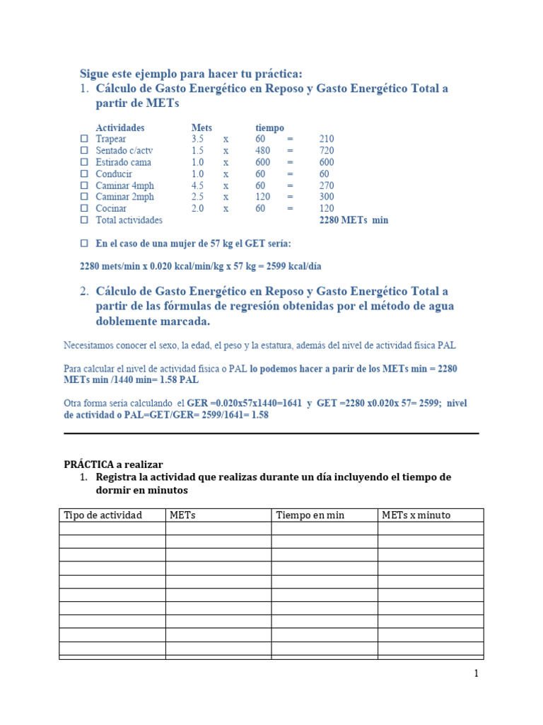 Practica - Cálculo de GER GET A Partir de METs y Formulas Regresion | PDF